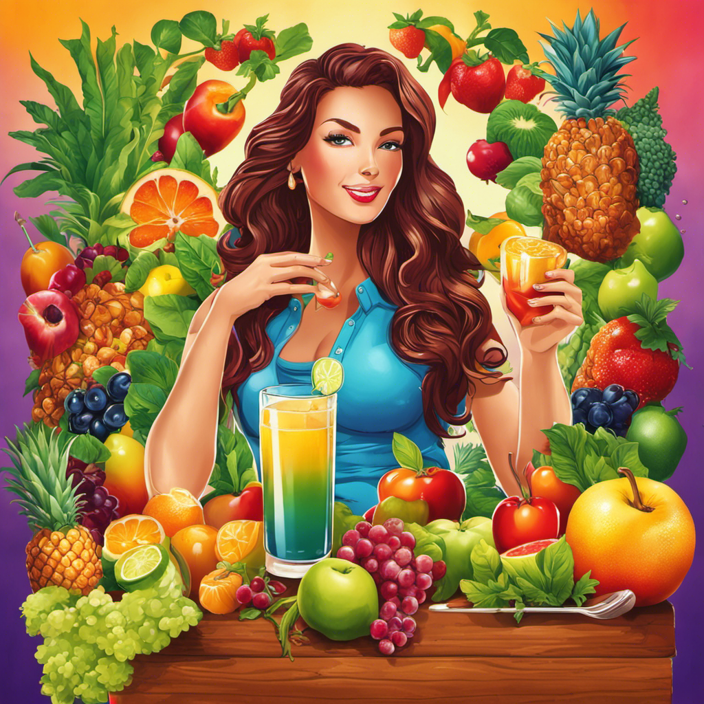 An image that showcases a person sipping a glass of refreshing, ice-cold kombucha tea surrounded by vibrant, colorful fruits and vegetables, symbolizing a healthy and effective weight loss journey