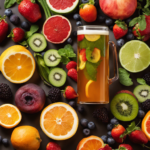 An image showcasing a vibrant glass of Kombucha tea, surrounded by an assortment of fresh fruits and vegetables