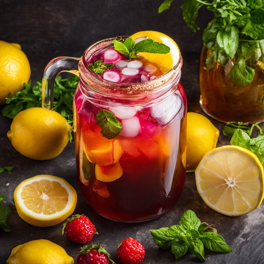 An image showcasing a refreshing glass of homemade Kombucha tea, filled with vibrant, effervescent bubbles, garnished with a slice of lemon, and surrounded by colorful fruits and vegetables, inspiring a healthy weight loss journey