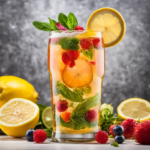 An image showcasing a refreshing glass of homemade Kombucha tea, filled with vibrant, effervescent bubbles, garnished with a slice of lemon, and surrounded by colorful fruits and vegetables, inspiring a healthy weight loss journey