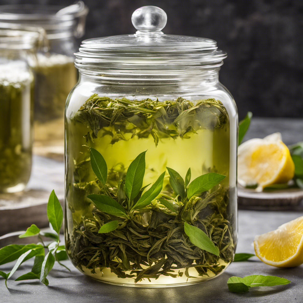 An image showcasing a clear glass jar filled with freshly brewed green tea, infused with a swirling mix of healthy SCOBY and delicate tea leaves