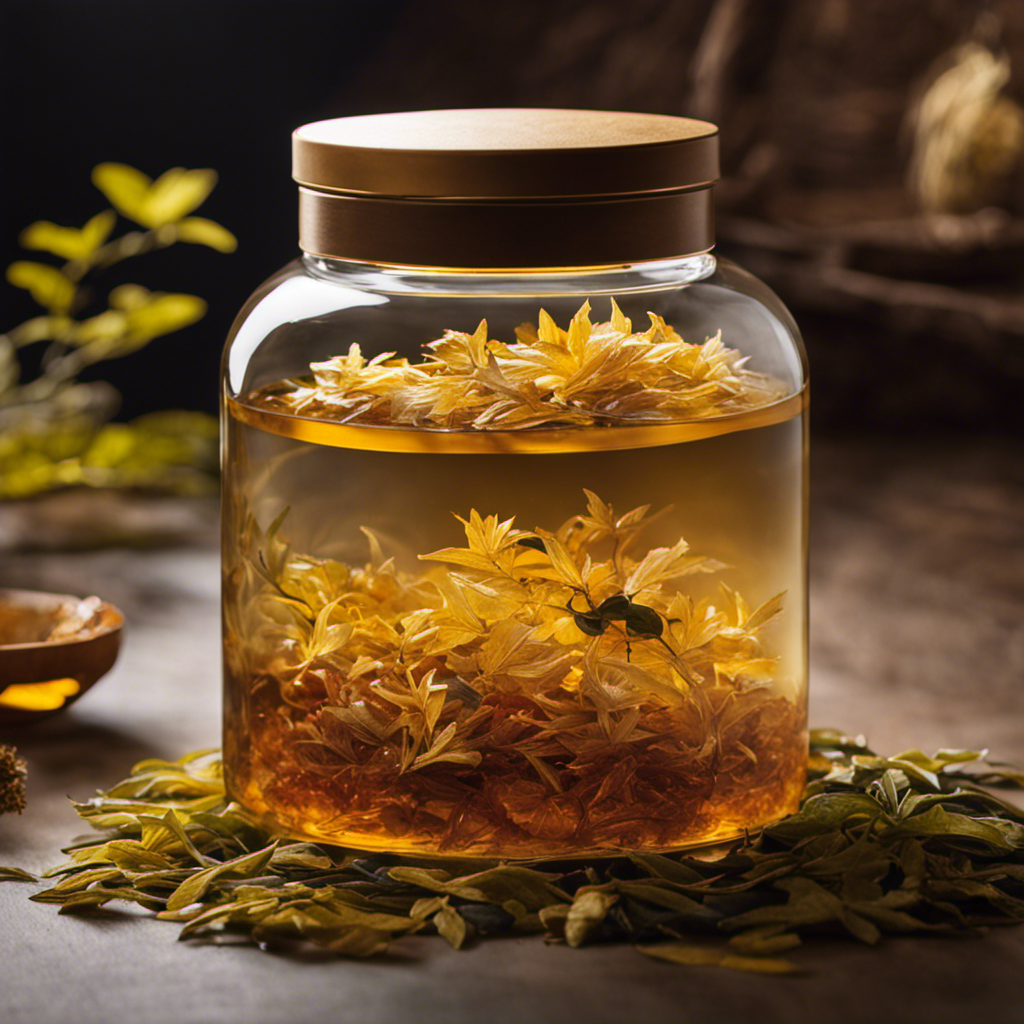 An image showcasing a glass jar filled with a golden-brown liquid, surrounded by floating tea leaves and a floating SCOBY (symbiotic culture of bacteria and yeast)