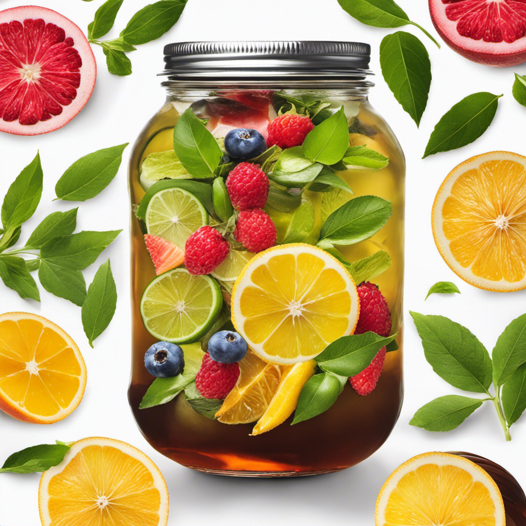 An image showcasing a large glass jar filled with freshly brewed tea, adorned with vibrant green tea leaves and colorful slices of fruit, ready to be transformed into a delicious batch of homemade kombucha