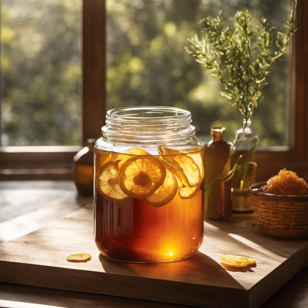 An image showcasing a glass jar filled with sweetened tea, a floating disc-shaped Scoby, and sunlight streaming through a window, highlighting the natural fermentation process involved in making homemade Kombucha tea