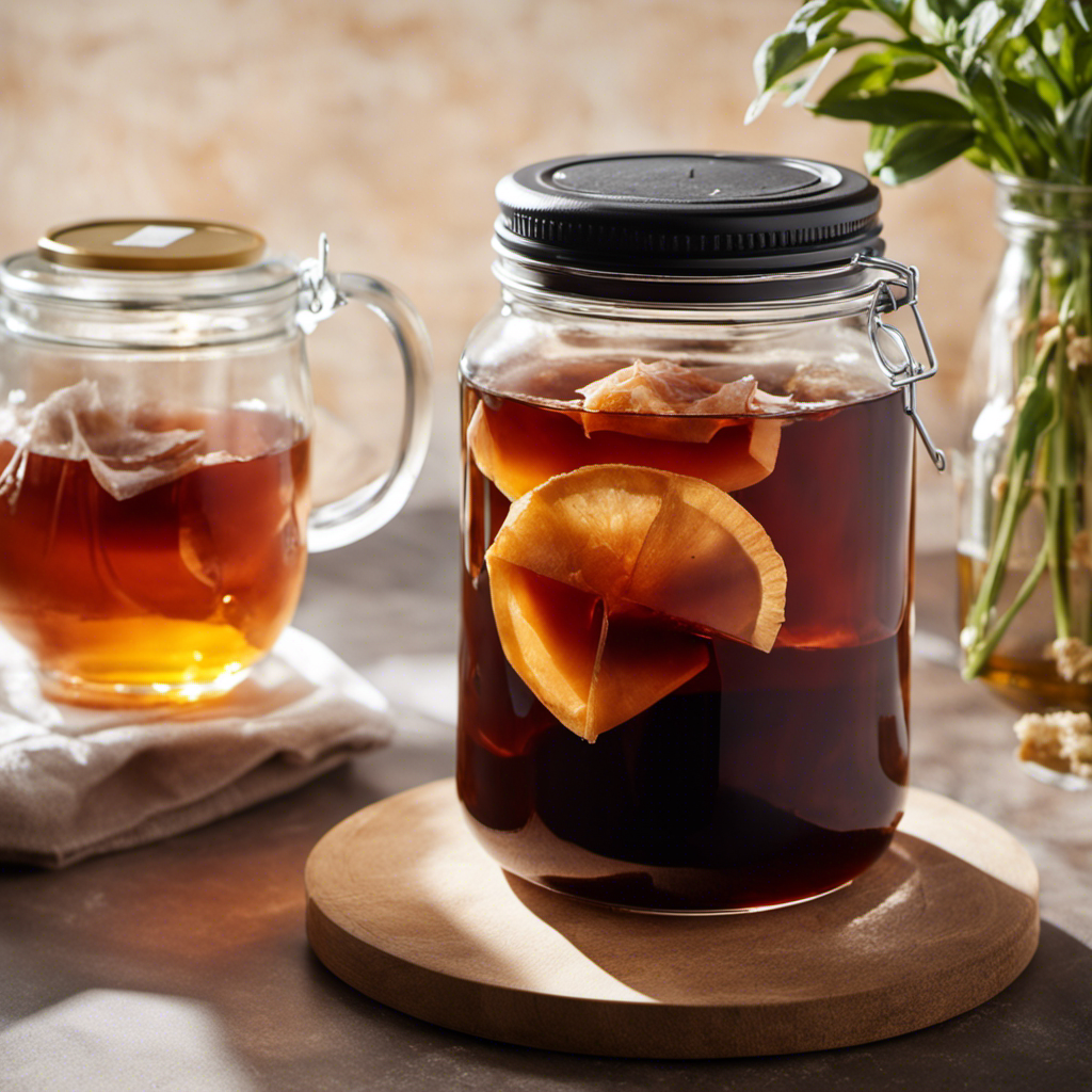 An image showcasing a glass jar filled with sweetened black tea and a floating tea bag, surrounded by a vibrant, translucent film, the Scoby, forming on the surface, illustrating the step-by-step process of making a Scoby with Kombucha tea bags