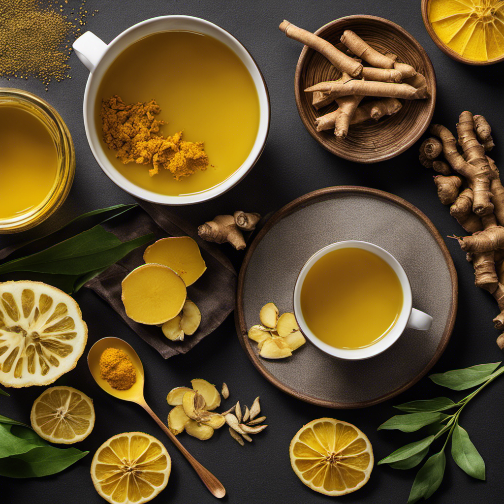 An image of a steaming cup of vibrant yellow turmeric ginger tea, surrounded by fresh ginger slices, turmeric root, and a sprinkle of black pepper, evoking warmth and soothing relief