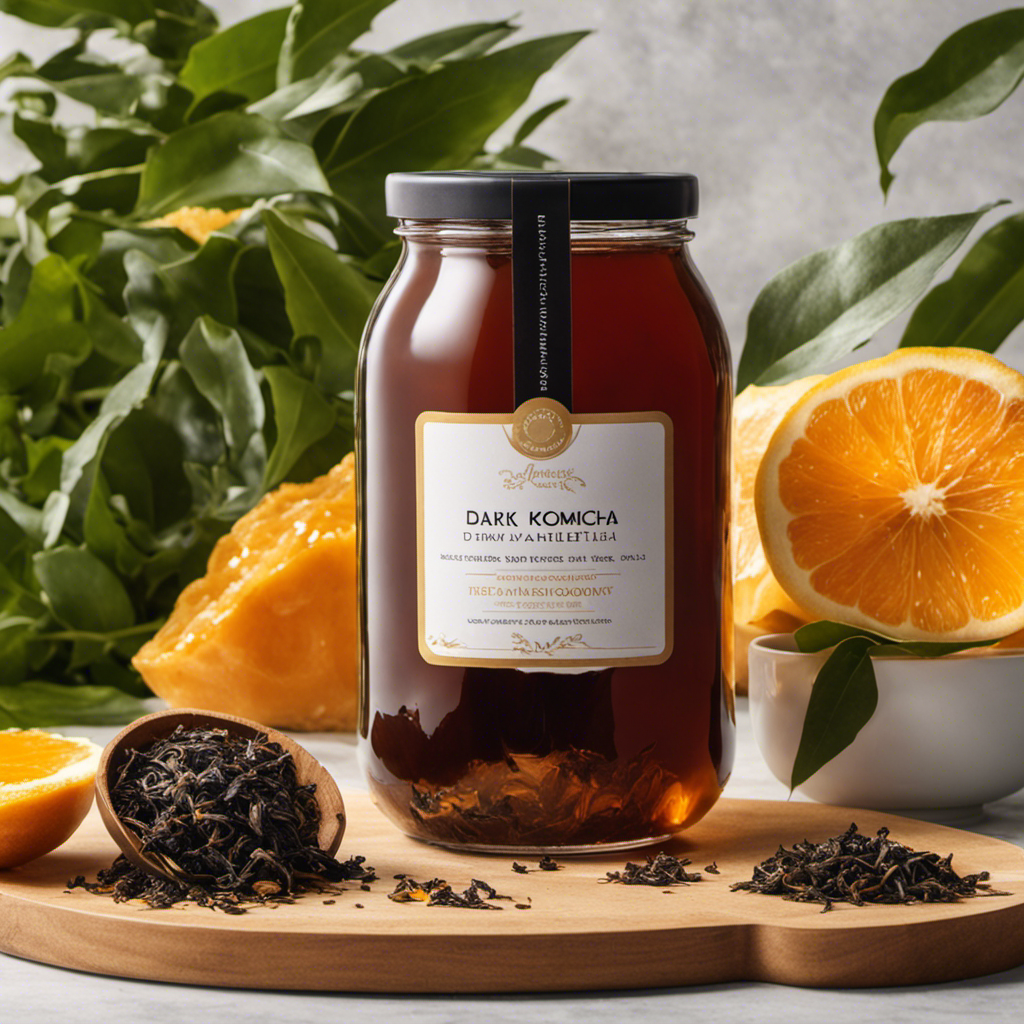 An image displaying a glass jar filled with dark amber-hued black tea kombucha, gently fizzing with effervescence
