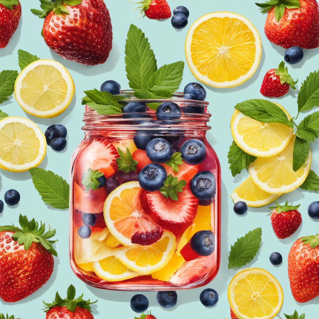 An image showcasing a glass jar filled with homemade kombucha tea, infused with vibrant slices of fresh fruits like strawberries, lemons, and blueberries, surrounded by colorful herb sprigs and flowers