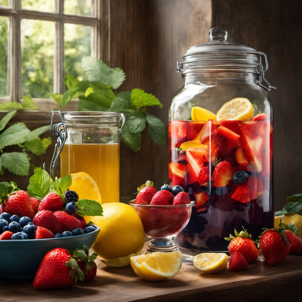 An image depicting a glass jar filled with fermenting kombucha, surrounded by vibrant fruits like strawberries, blueberries, and lemons