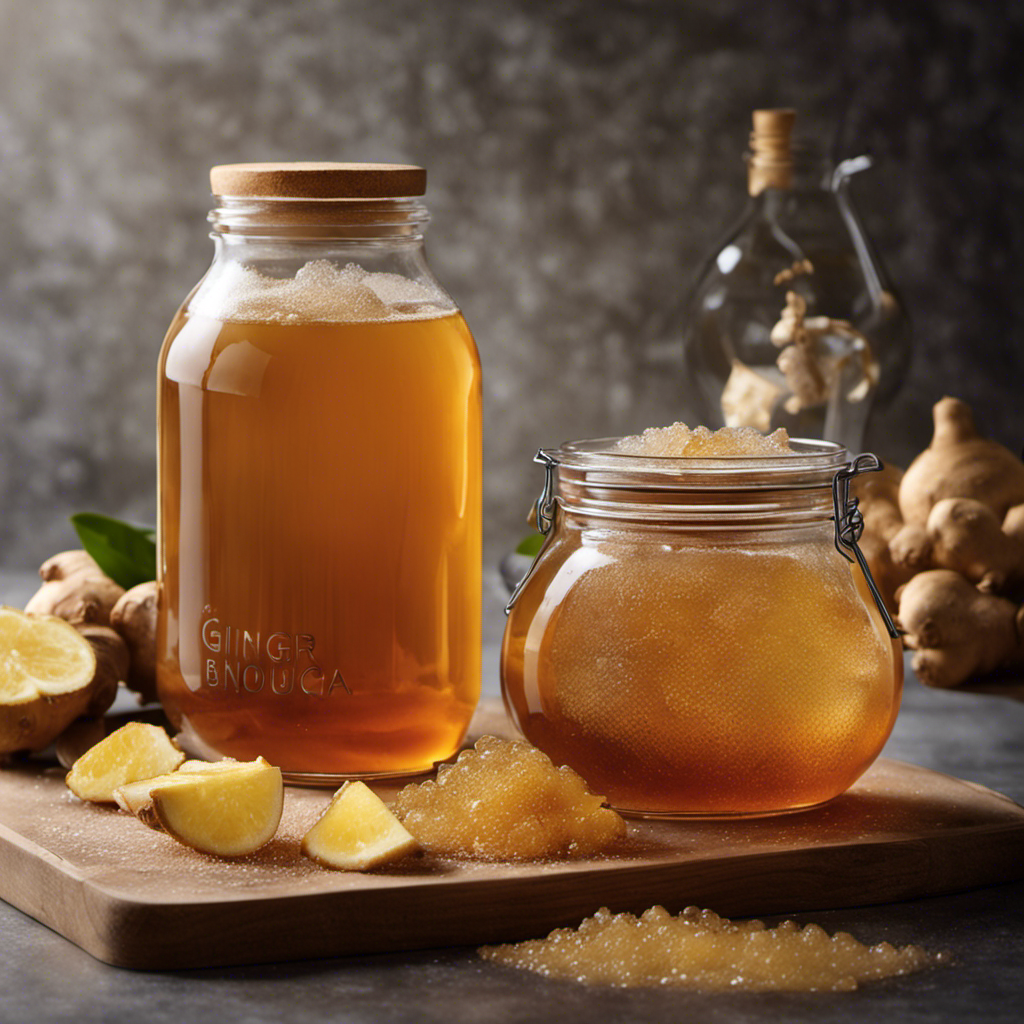 An image that showcases a glass jar filled with bubbling, amber-colored ginger kombucha tea