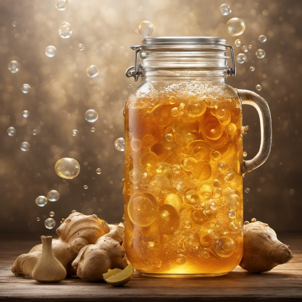 An image that showcases a glass jar filled with bubbling, amber-colored ginger kombucha tea