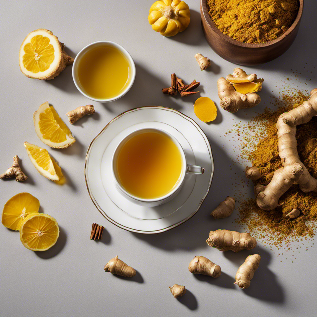 An image showcasing a steaming cup of golden ginger tea, infused with vibrant turmeric