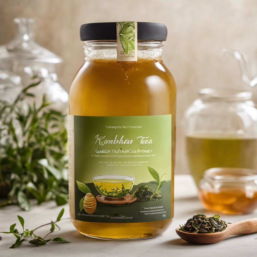 An image capturing the essence of brewing Green Tea Honey Kombucha: a glass jar filled with sweet amber liquid, delicate green tea leaves floating, and a scoby resting on the surface