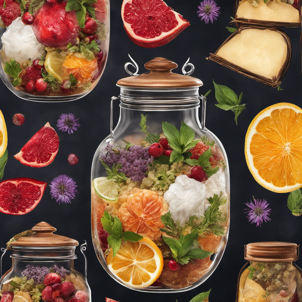 An image showcasing a glass jar filled with a bubbling mixture of fermented tea and a SCOBY, surrounded by fresh fruits and herbs
