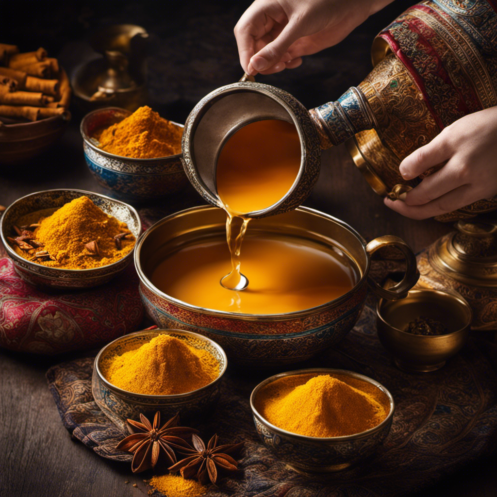 An image showcasing the vibrant process of preparing Kashmiri Tea Turmeric: a hand gracefully stirring a simmering pot of golden-hued tea, aromatic spices swirling in the steam, and delicate tea cups awaiting to be filled