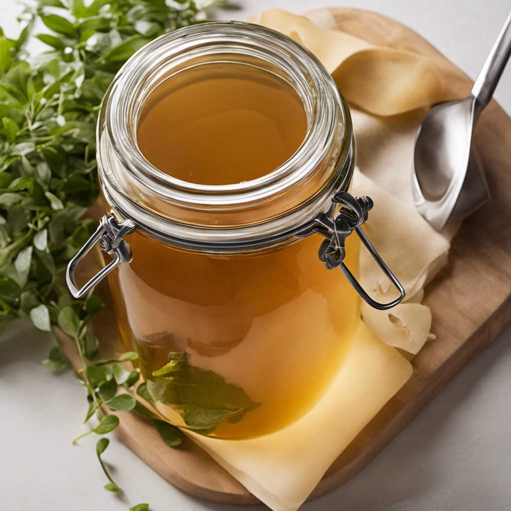An image capturing the essence of making Kombucha: A glass jar filled with brewed tea, adorned with floating tea leaves and a scoby, surrounded by filtered water, sugar, and a measuring spoon