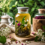 An image showcasing a glass jar filled with freshly brewed kombucha decaffeinated tea, adorned with vibrant green tea leaves and a scattering of dried flowers, reflecting the calming process of transforming regular kombucha into a caffeine-free delight