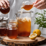 An image capturing the process of making kombucha from a friend's SCOBY and tea: hands pouring sweetened tea into a glass jar, placing a rubber band around a cloth-covered jar, and a jar filled with bubbles and a floating SCOBY