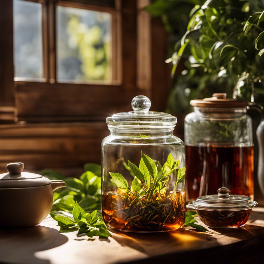 An image showcasing a glass jar filled with precisely measured loose tea leaves, along with a stack of tea bags next to it