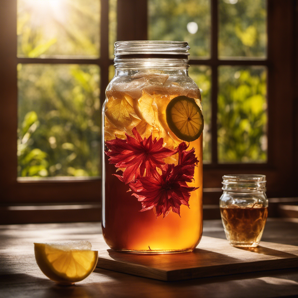An image depicting a glass jar filled with freshly brewed sweetened tea, adorned with a floating scoby and surrounded by a warm, sunlit kitchen, showcasing the process of making Kombucha starter tea