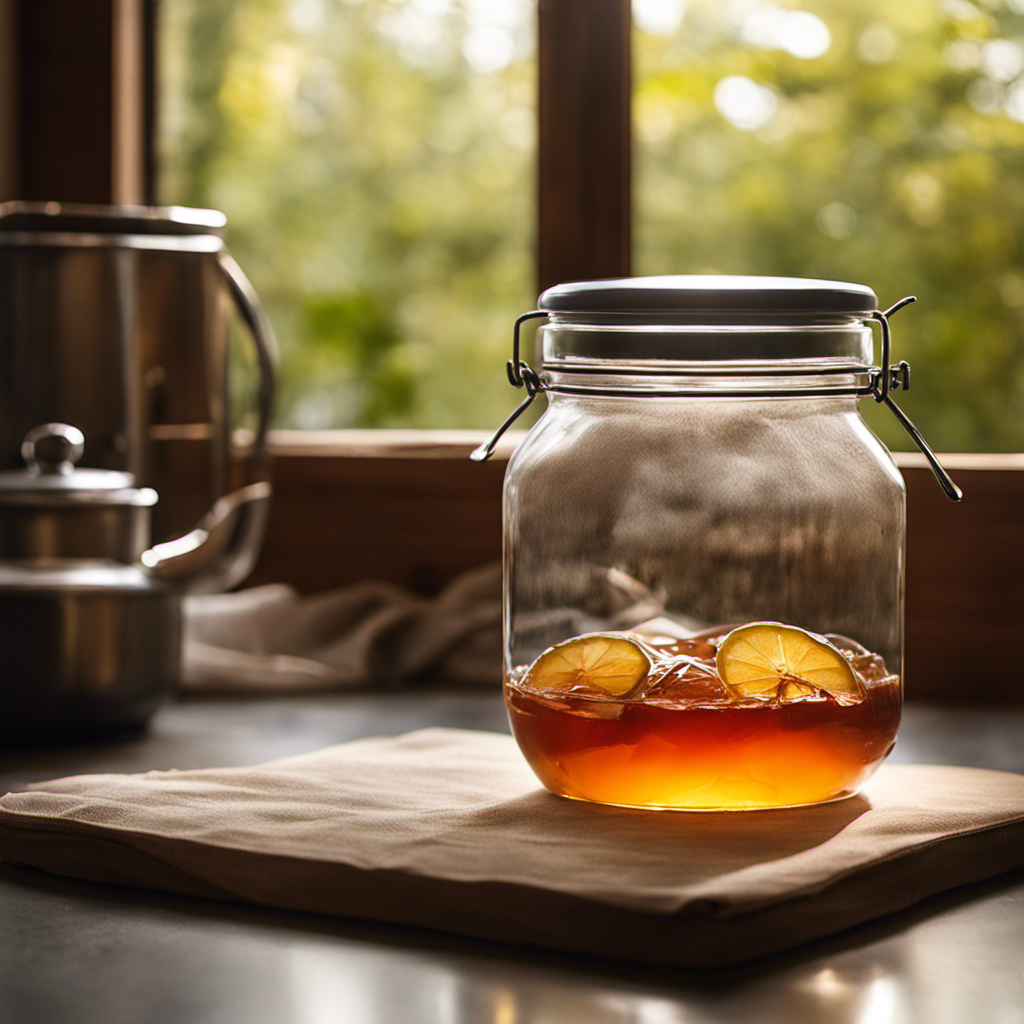 An image showcasing a serene kitchen scene with a glass jar partially filled with sweetened tea, a SCOBY floating on the surface, and a muslin cloth secured with a rubber band, emphasizing the process of making Kombucha Tea at home