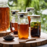 An image showcasing the step-by-step process of making Kombucha tea bags or loose leaf: a glass jar filled with sweetened tea, a scoby floating on top, fermentation bubbles, and a finished brewed tea poured into a cup