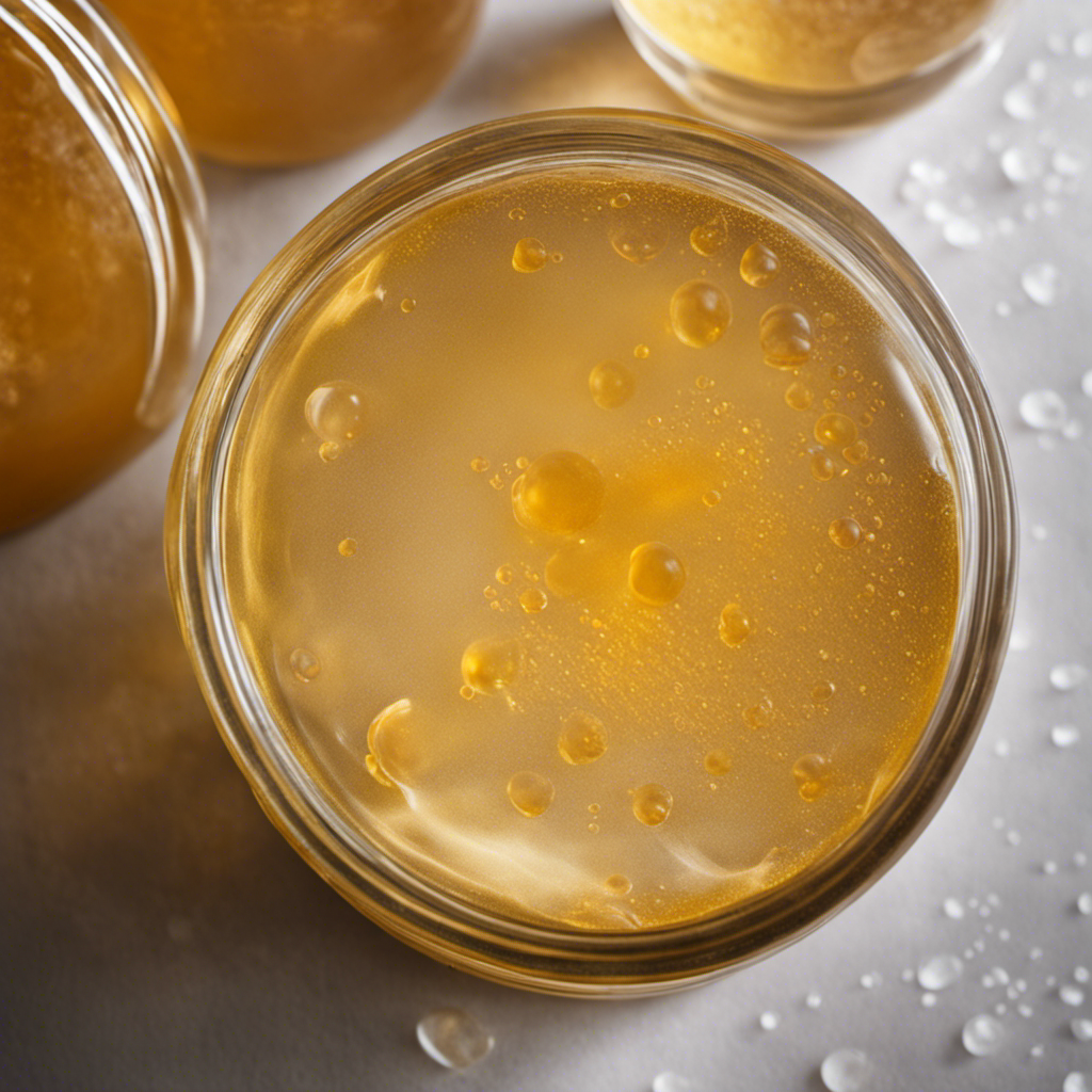 An image of a glass jar filled with golden kombucha tea, bubbles gently rising to the surface