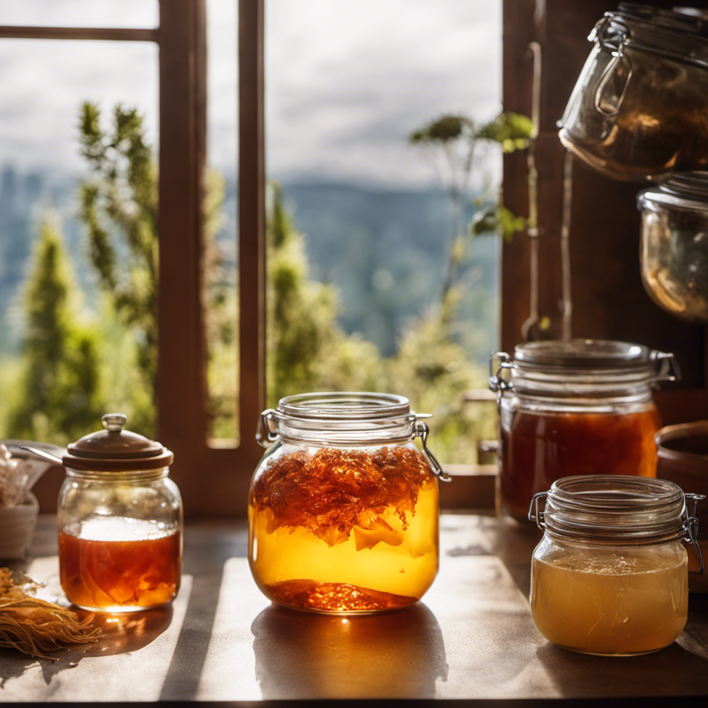 An image showcasing a glass jar filled with brewing kombucha tea, surrounded by vibrant, healthy SCOBY (Symbiotic Culture of Bacteria and Yeast) floating on top, as natural light filters through a nearby window