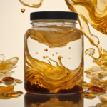 An image showcasing a glass jar filled with swirling golden liquid, surrounded by a cluster of healthy, vibrant-looking scoby cultures floating on the surface