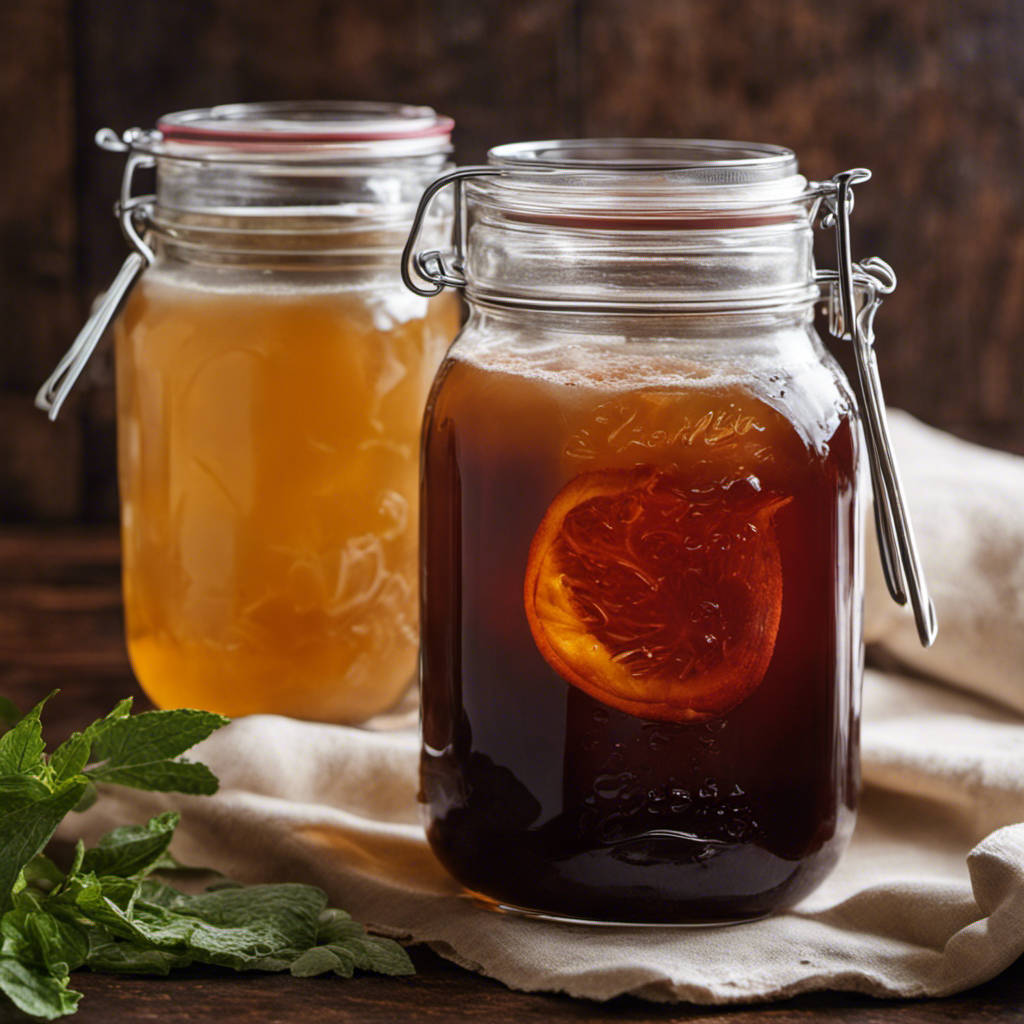 An image showcasing the step-by-step process of brewing homemade kombucha, featuring a glass jar filled with sweetened tea, a SCOBY floating on the surface, and a cloth covering the top to allow fermentation
