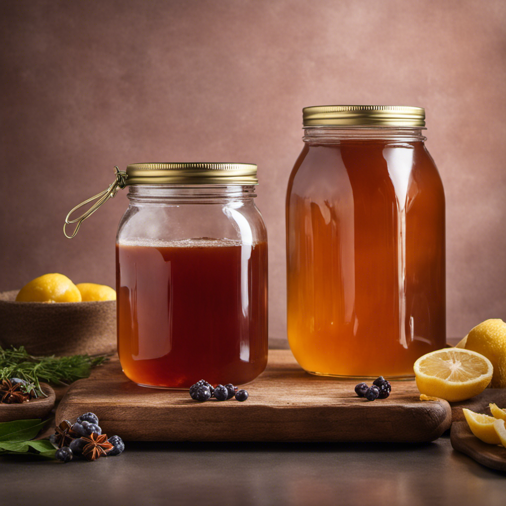 An image showcasing the step-by-step process of brewing homemade kombucha, featuring a glass jar filled with sweetened tea, a SCOBY floating on the surface, and a cloth covering the top to allow fermentation