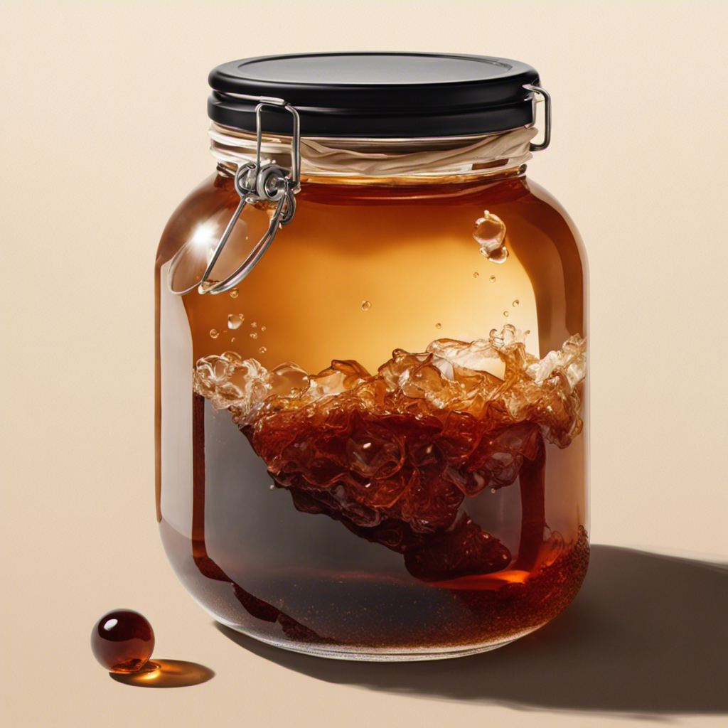 An image of a clear glass jar filled with sweetened black tea, adorned with a white cloth secured by a rubber band