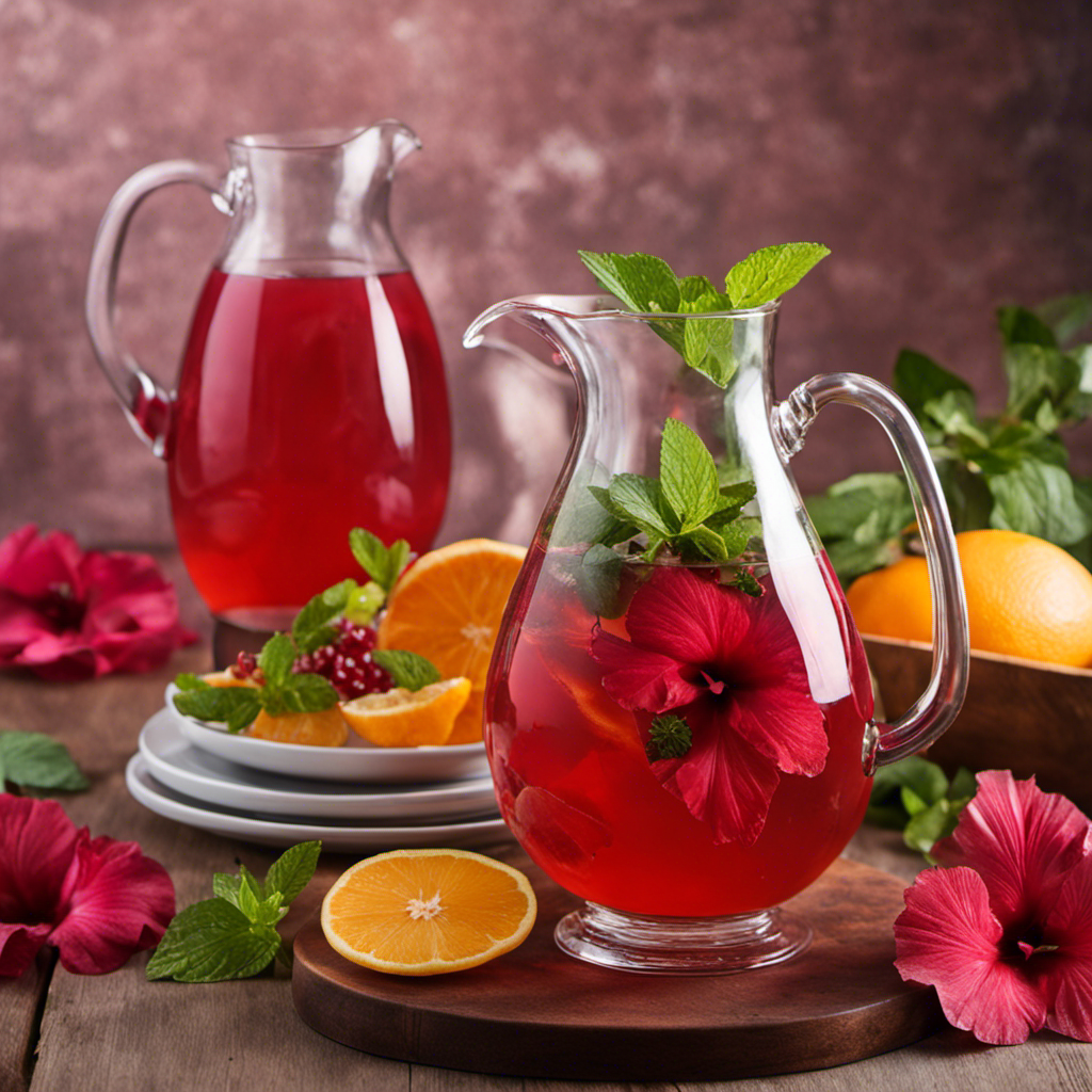 An image showcasing a glass pitcher filled with vibrant, ruby-red hibiscus-infused kombucha, garnished with fresh mint leaves
