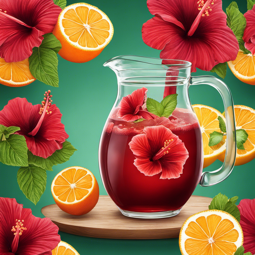 An image showcasing a glass pitcher filled with vibrant, ruby-red hibiscus-infused kombucha, garnished with fresh mint leaves