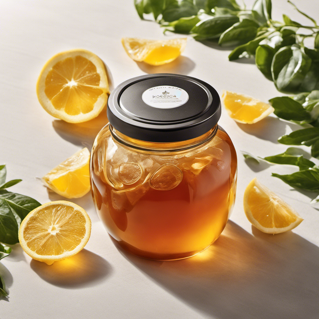 An image showcasing a pristine glass jar filled with brewing kombucha tea, adorned with a scoby floating on the surface