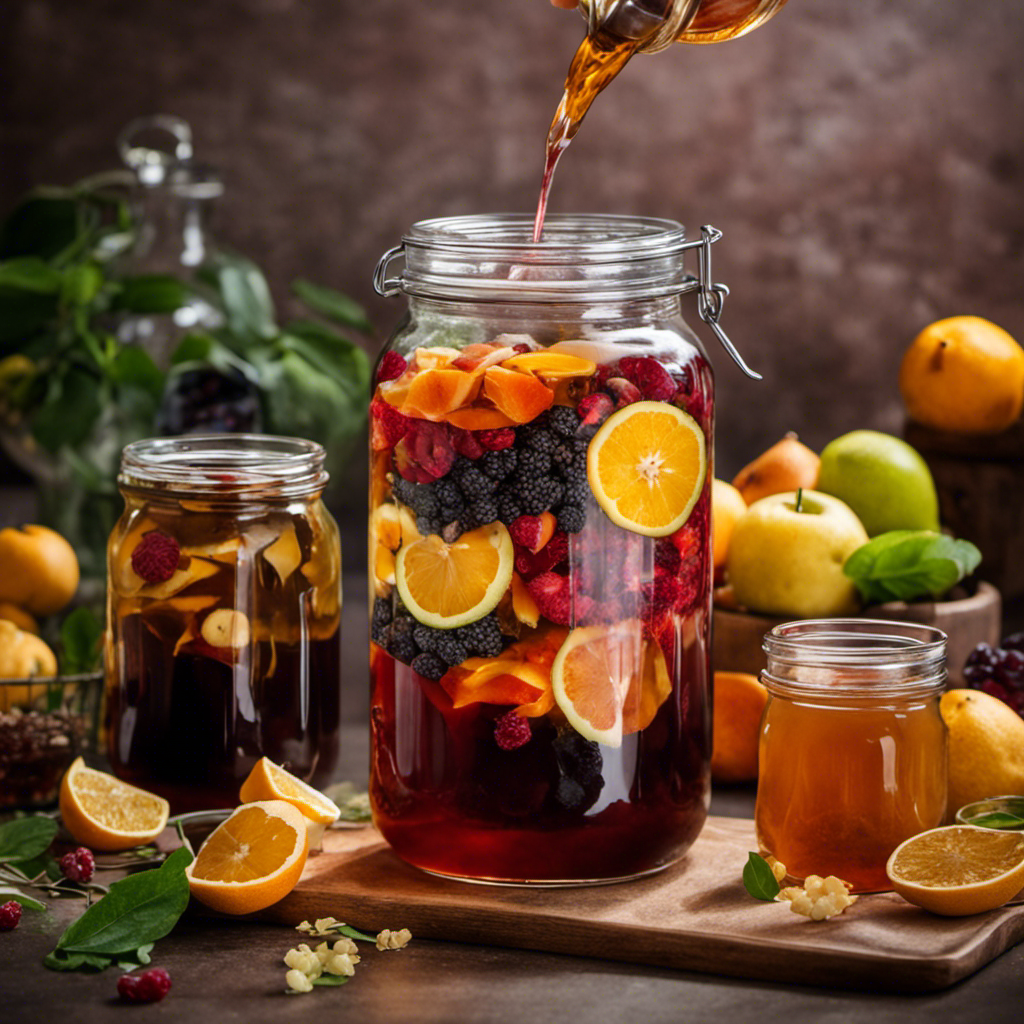 An image showcasing a glass jar filled with fermenting kombucha, surrounded by colorful scobies, tea leaves, and various fruits, while a hand pours sweetened tea into the jar