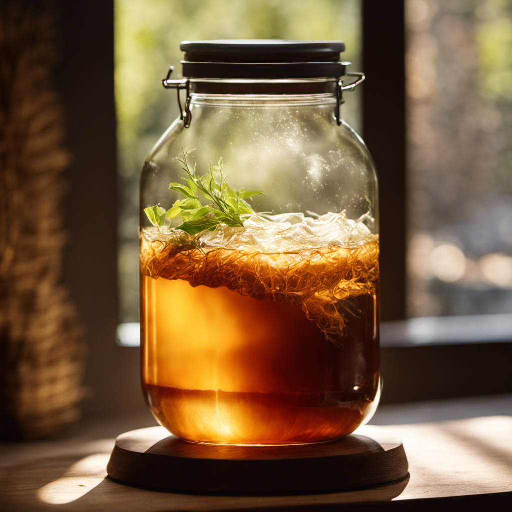 An image capturing the mesmerizing process of brewing Kombucha tea with a Scoby: a glass jar filled with sweetened tea, a floating symbiotic culture of bacteria and yeast, and rays of sunlight filtering through a nearby window