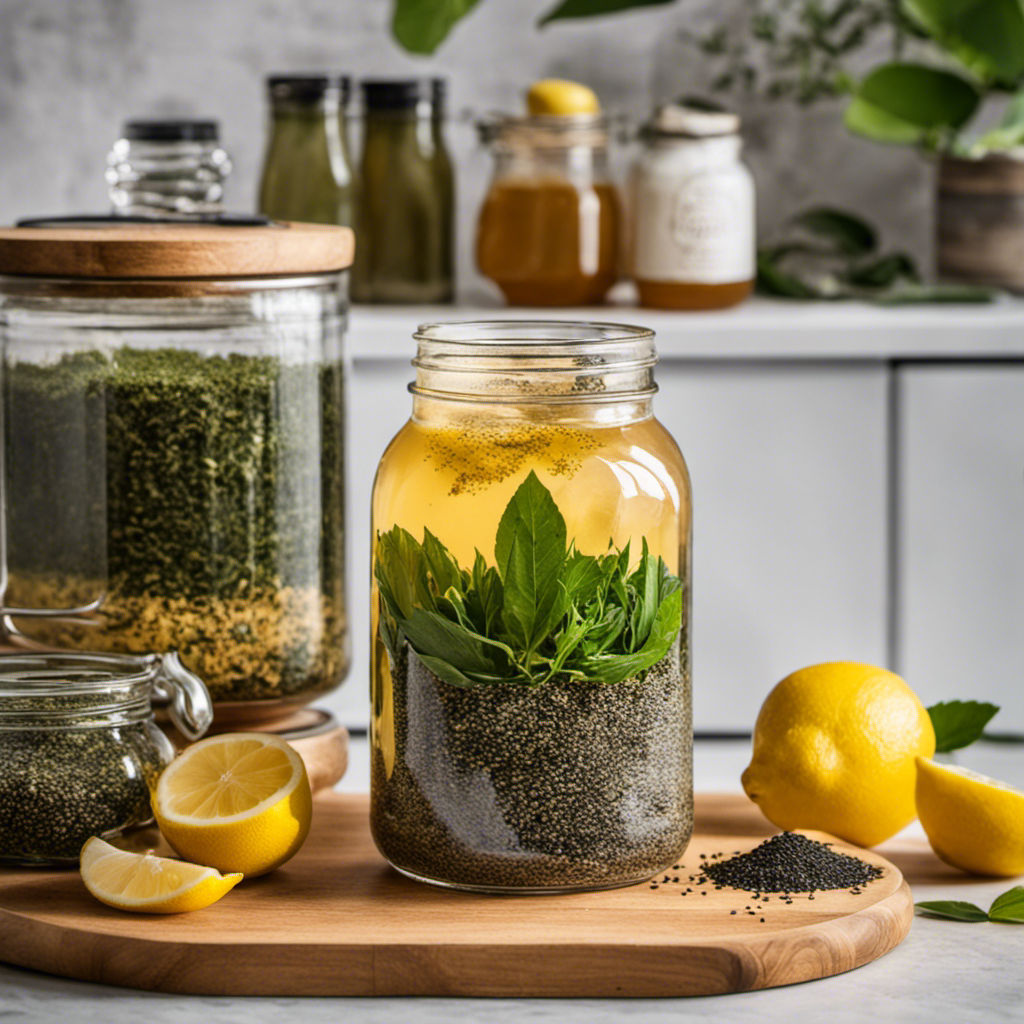 An image showcasing a glass jar filled with fermenting kombucha tea infused with chia seeds