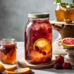 An image showcasing a glass jar partially filled with sweetened tea, a scoby floating on the surface, and a vibrant assortment of store-bought fruit flavors nearby, ready to infuse the homemade kombucha tea
