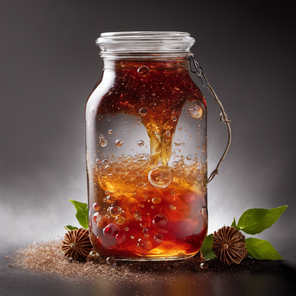 An image featuring a glass jar filled with sweetened black tea, a muslin cloth secured over the jar's opening with a rubber band, and a vibrant, swirling mass of bubbles forming naturally on the surface