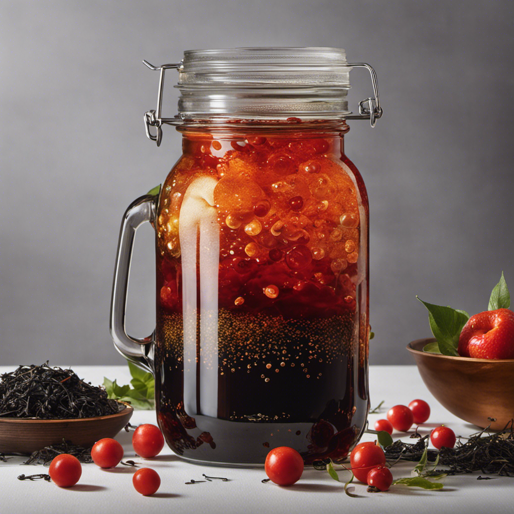 An image featuring a glass jar filled with sweetened black tea, a muslin cloth secured over the jar's opening with a rubber band, and a vibrant, swirling mass of bubbles forming naturally on the surface