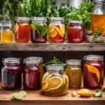 An image illustrating a vibrant kitchen counter with glass jars filled with fermenting Kombucha, a scoby floating in each, surrounded by various fresh fruits, herbs, and bottles of homemade Kombucha tea