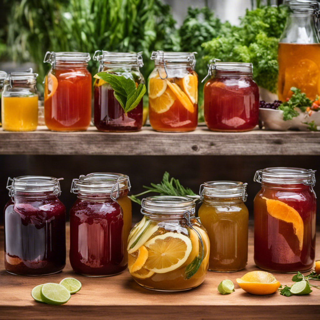 An image illustrating a vibrant kitchen counter with glass jars filled with fermenting Kombucha, a scoby floating in each, surrounded by various fresh fruits, herbs, and bottles of homemade Kombucha tea