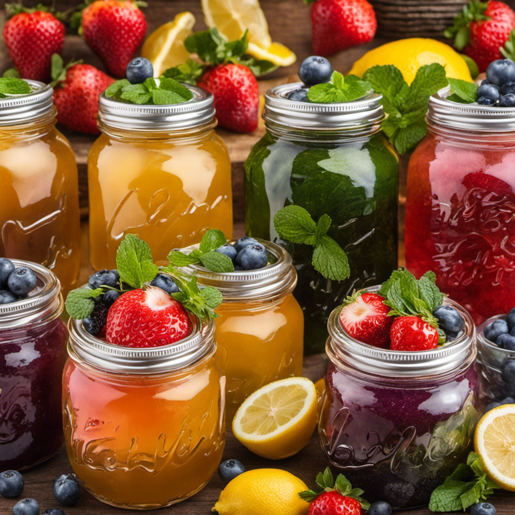 An image featuring a glass jar filled with fermenting kombucha tea, surrounded by a colorful assortment of fresh fruits and herbs like strawberries, blueberries, mint leaves, and slices of lemon