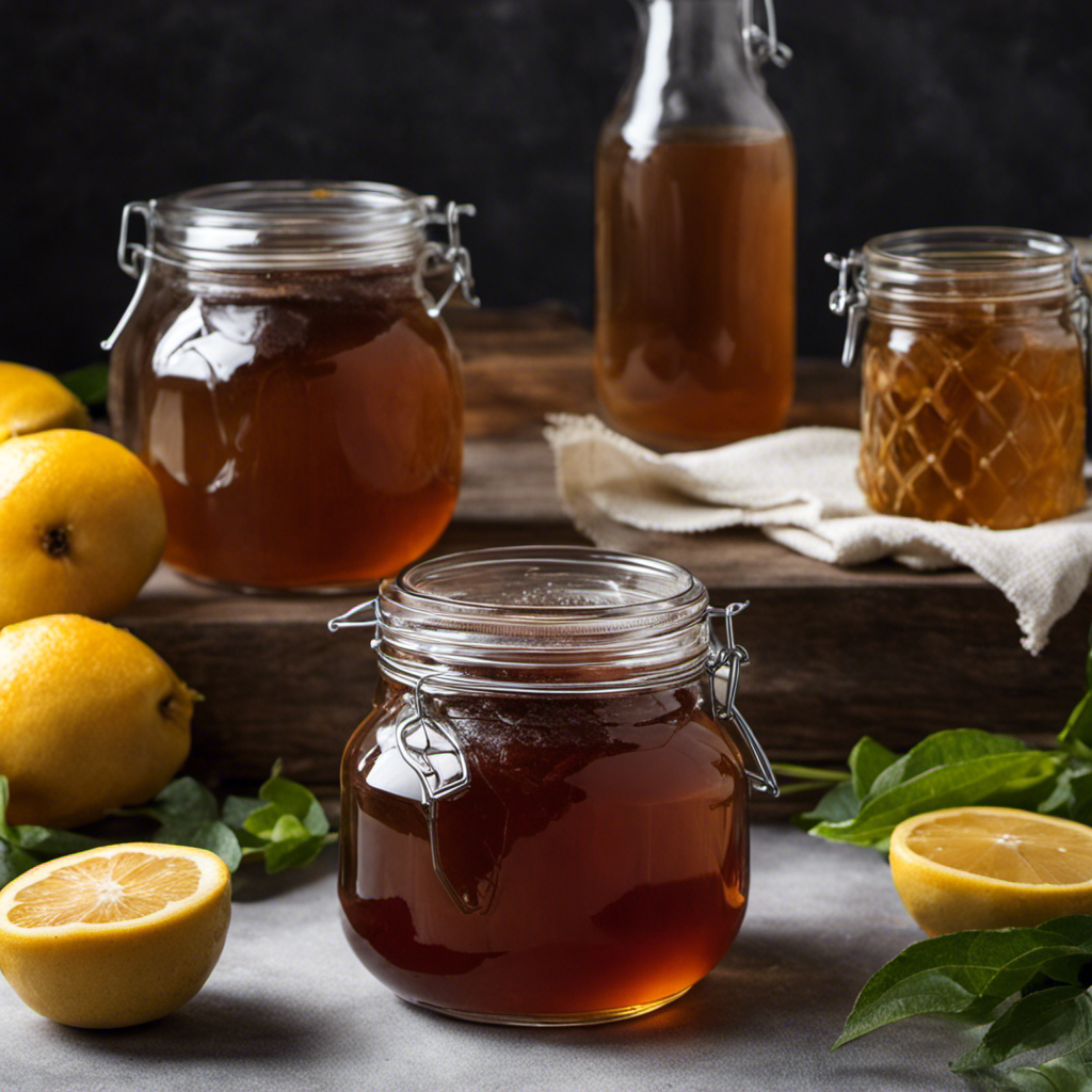 An image showcasing the step-by-step process of making Kombucha Tea: a glass jar filled with sweetened tea, a SCOBY floating on top, a woven cloth covering the jar, and a glass filled with the finished fermented tea