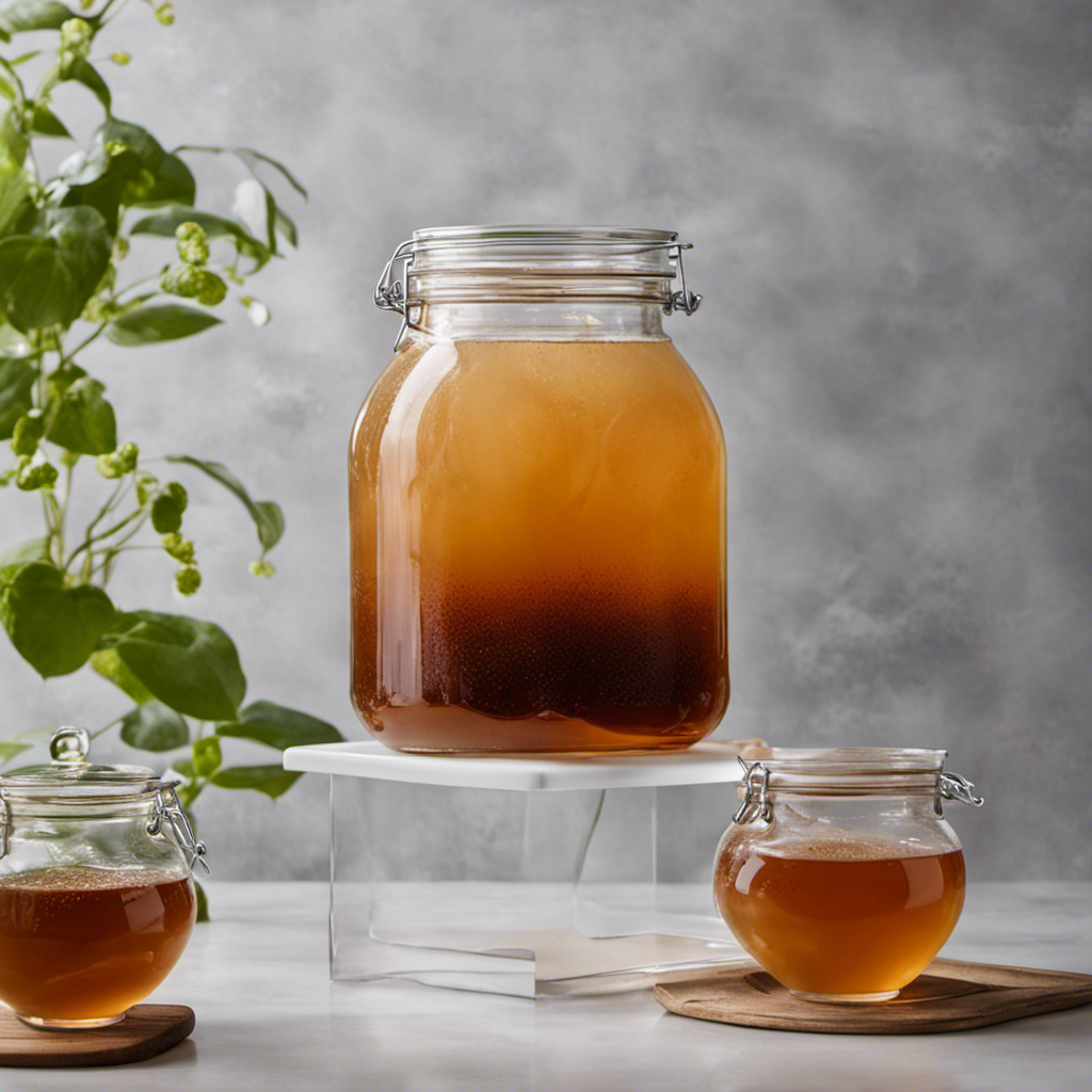 An image capturing the step-by-step process of brewing kombucha with 1 cup of starter tea: a glass jar filled with sweetened tea, a SCOBY floating on top, and a close-up of bubbles forming during fermentation