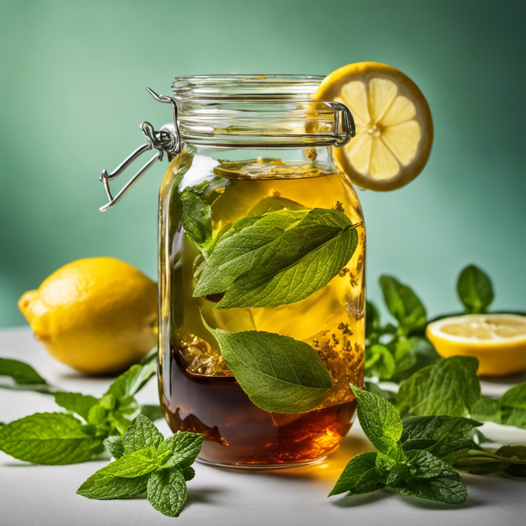 -up shot of a glass jar filled with a bubbling, amber-colored liquid, surrounded by fresh green tea leaves, a sliced lemon, and a sprig of mint