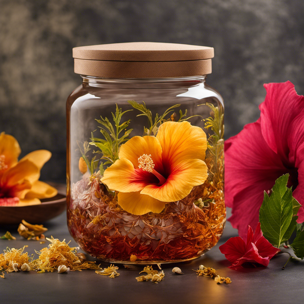 An image showcasing a glass jar filled with a golden-hued liquid gently fermenting, surrounded by vibrant tea leaves like hibiscus or chamomile, adorned with fresh fruits, and a scoby floating on top