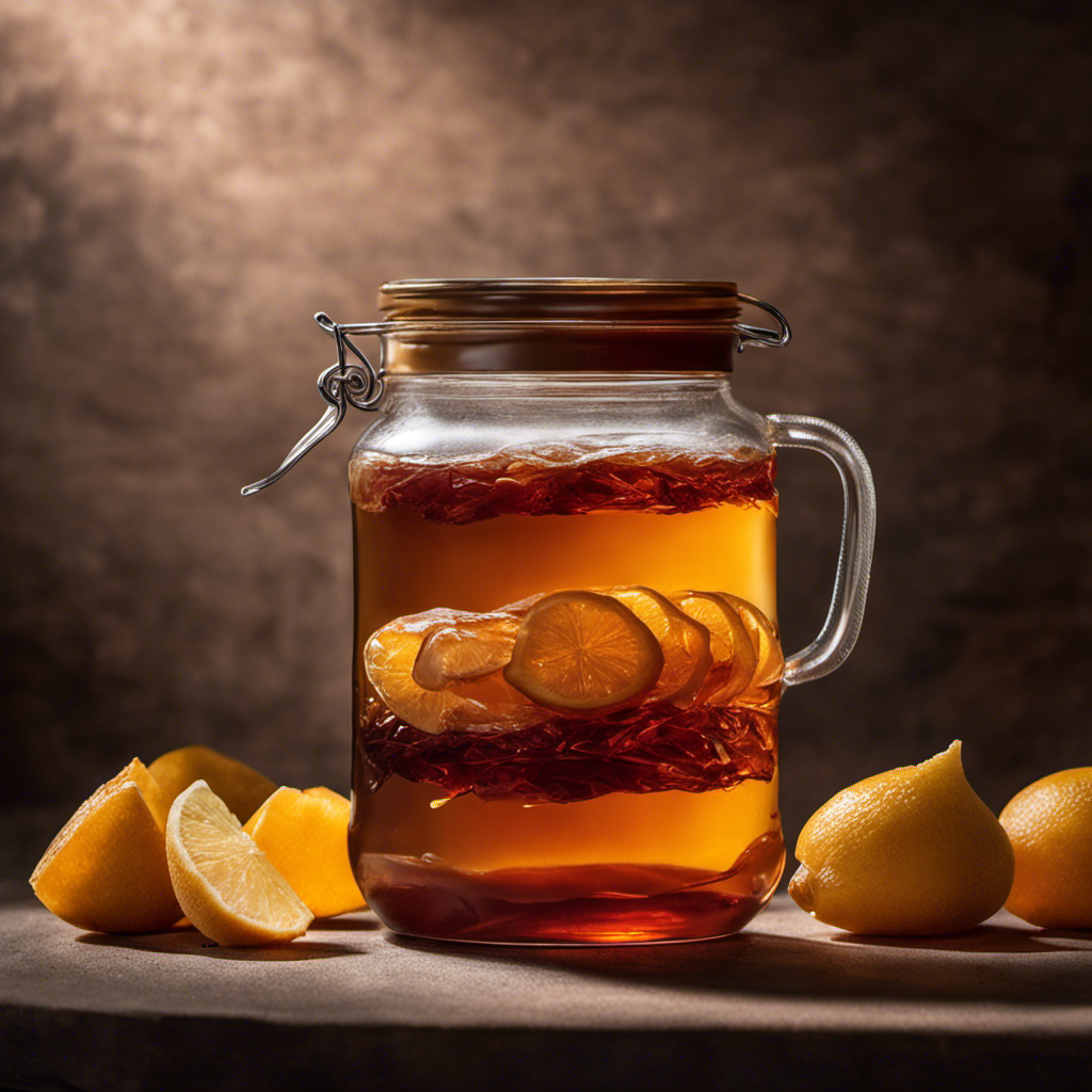 An image showcasing a glass jar filled halfway with sweetened tea, a floating disc-shaped scoby resting on the surface, and a small amount of starter tea poured over it