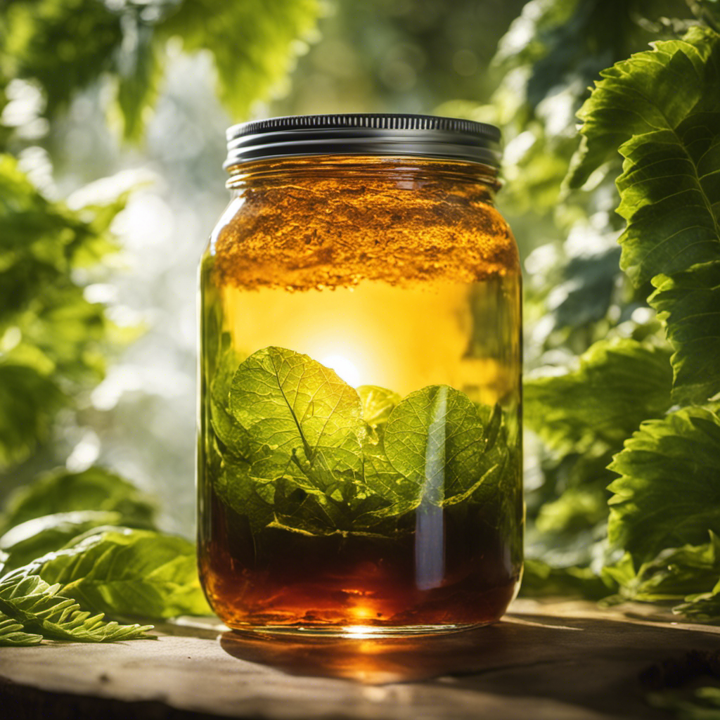 An image showcasing a glass jar filled with bubbling, amber-colored liquid, surrounded by vibrant green yerba mate leaves